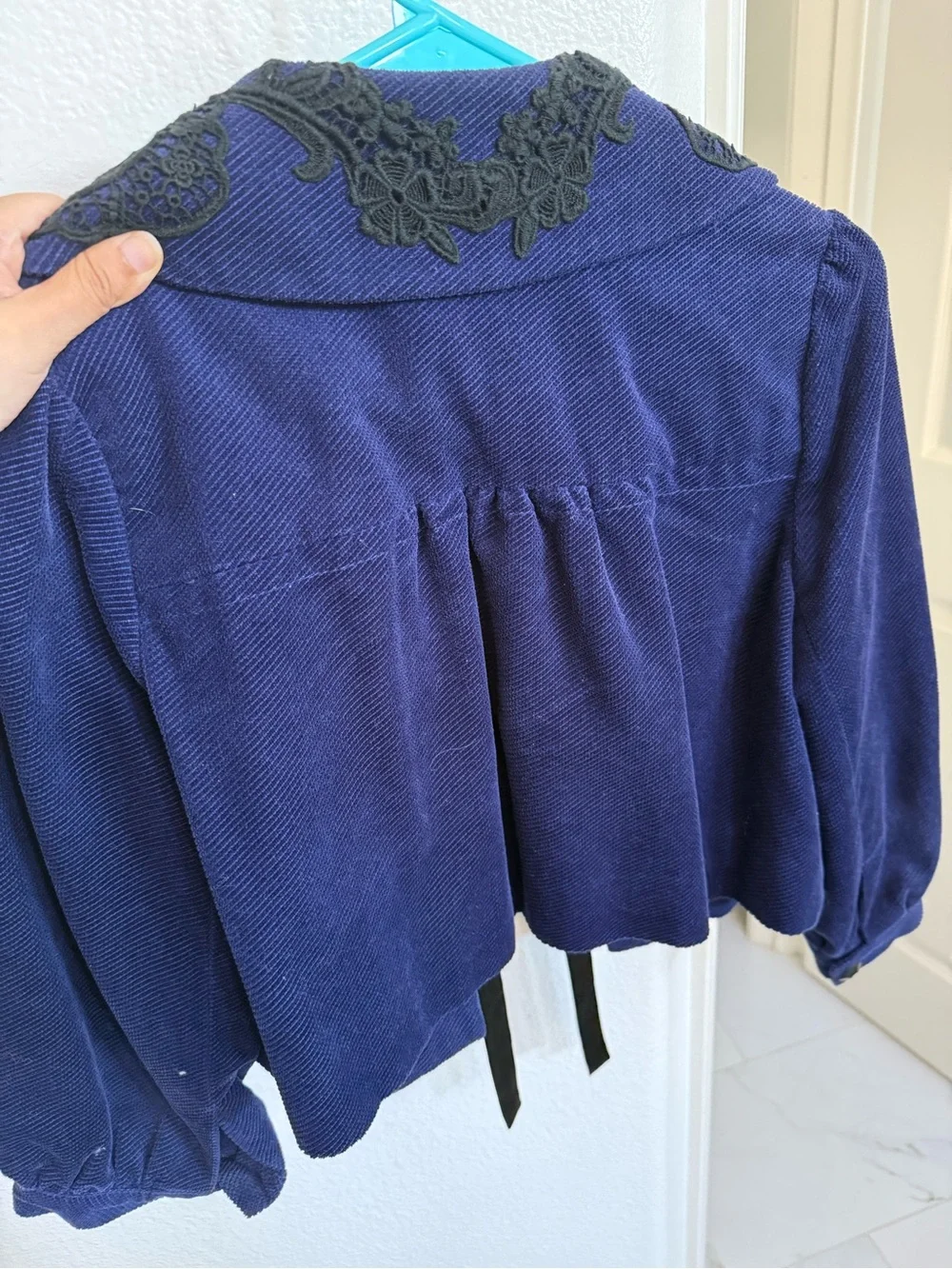 Wildflowers Girls' Navy Blue Corduroy Jacket with Black Lace Collar